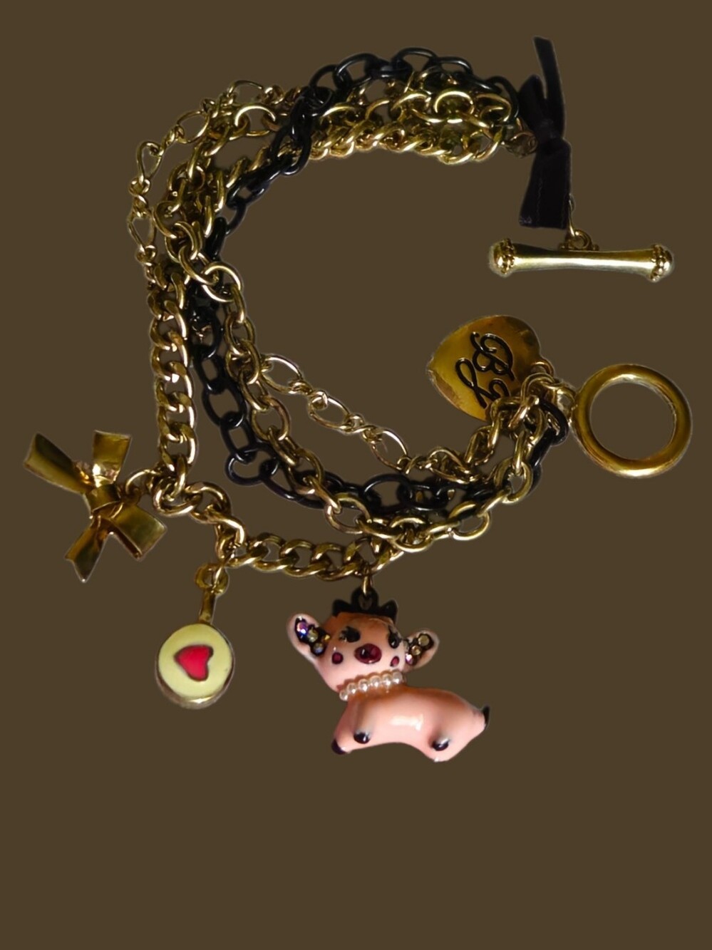 🐷Betsey Pink Piggy Mixed Metals Super-Cute Charm Bracelet - EPC